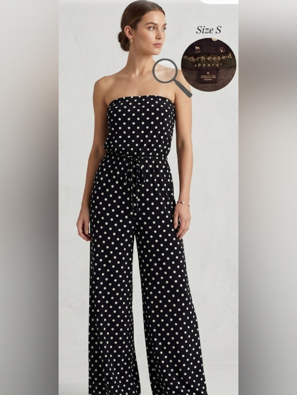 Connected Apparel Strapless Polka Dot Jumpsuit, Black/White, Size S